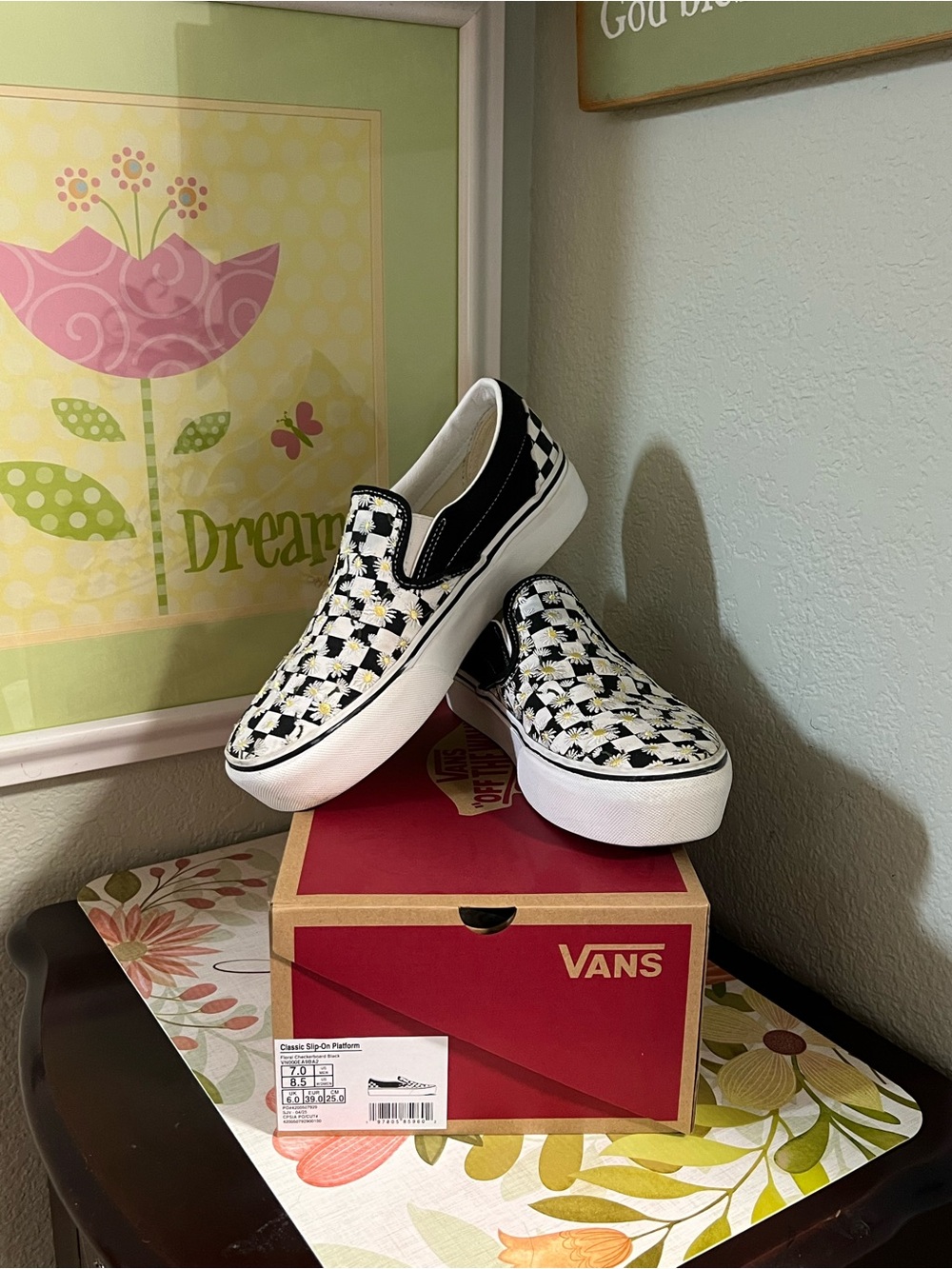 Vans Floral Checkerboard Platform Soles Black/White & Yellow 8.5